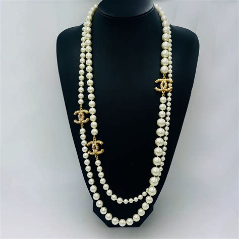 chanel layered pearl necklace|Chanel classic long pearl necklace.